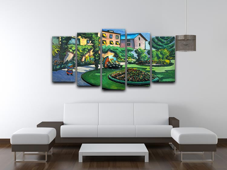A vibrant 5-split canvas artwork featuring a lush garden scene by Macke, showcasing dynamic colors and intricate details across five panels.