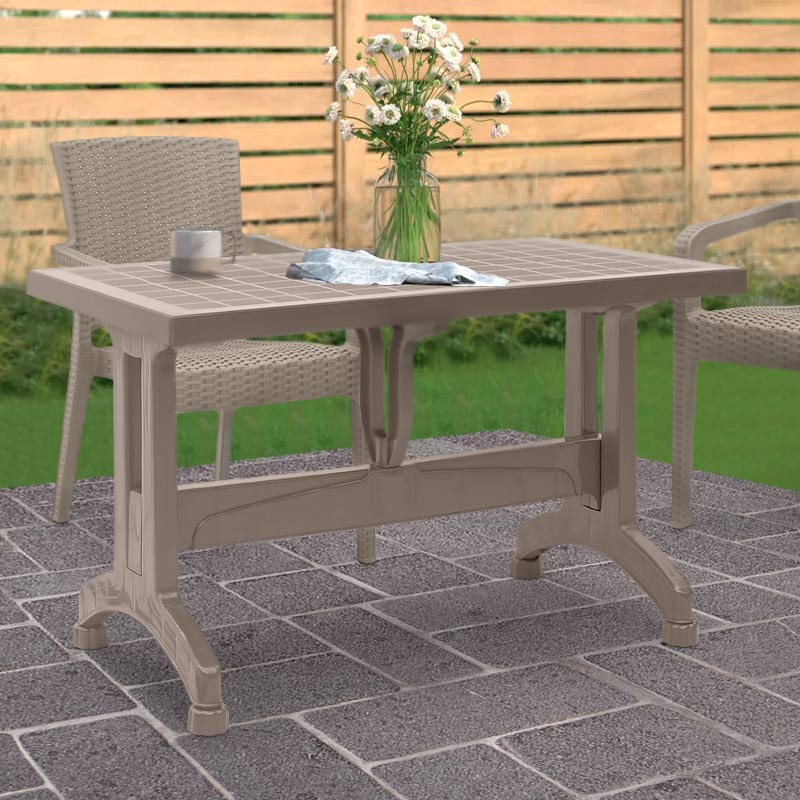 NARUTO Cappuccino Garden Table measuring 120x70x73cm, made of durable polypropylene, featuring an umbrella holder.