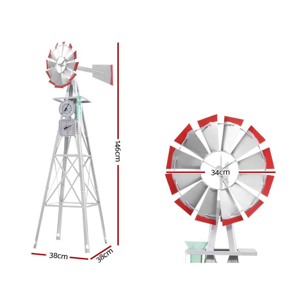 4FT Garden Windmill with grey and red trim, featuring 12 blades and a weathervane, set against a garden backdrop.