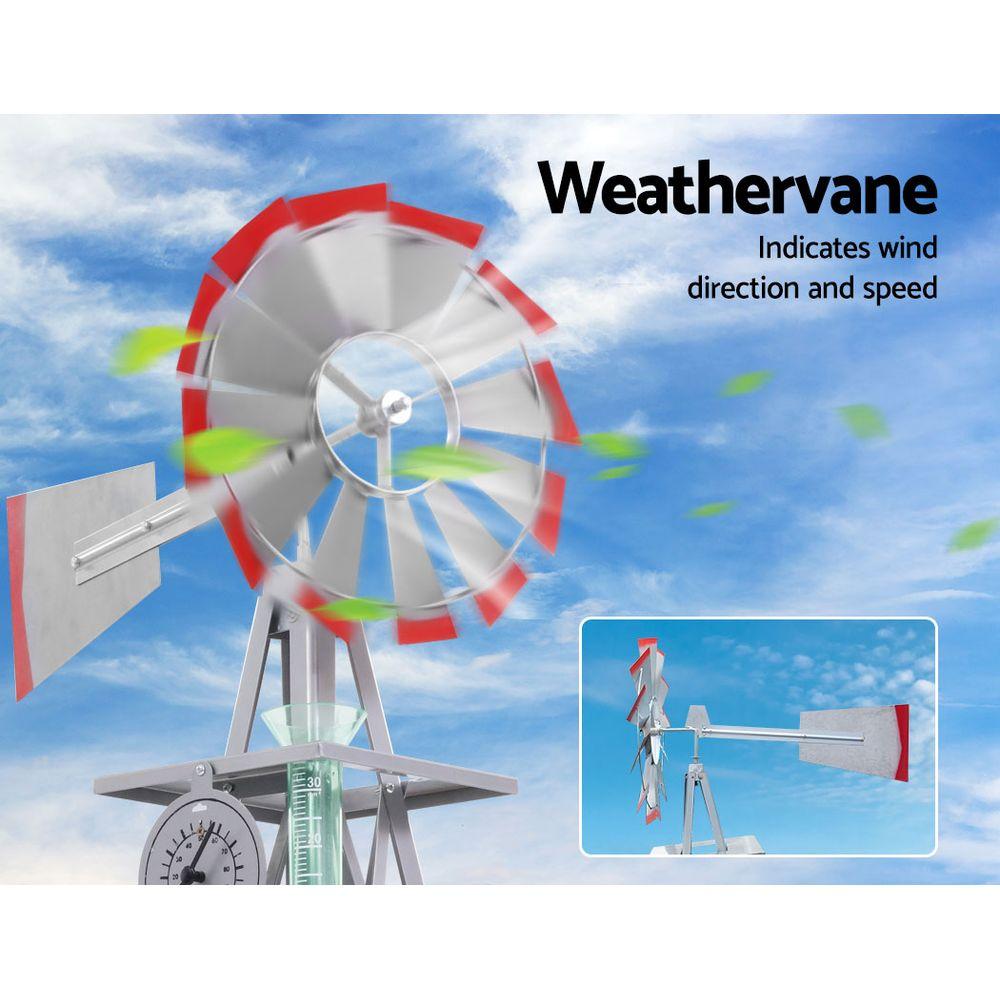 4FT Garden Windmill with grey and red trim, featuring 12 blades and a weathervane, set against a garden backdrop.