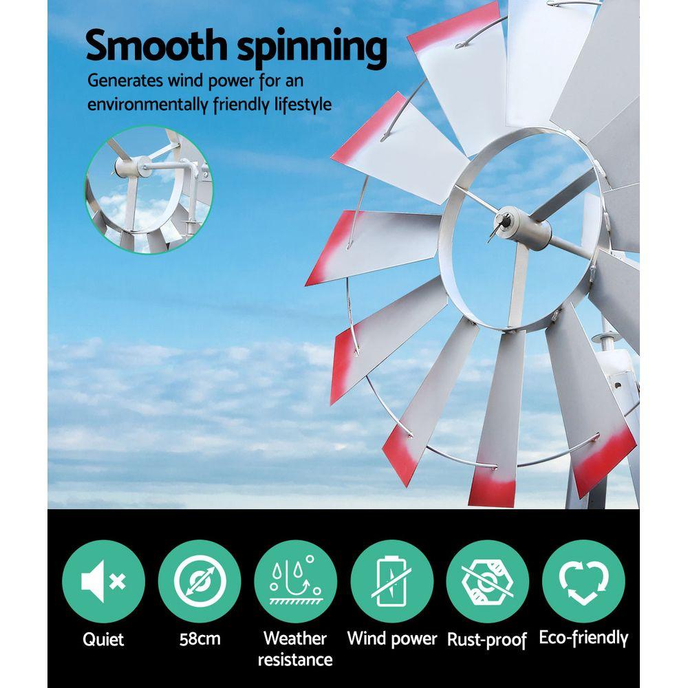 4FT Garden Windmill with grey and red trim, featuring 12 blades and a weathervane, set against a garden backdrop.