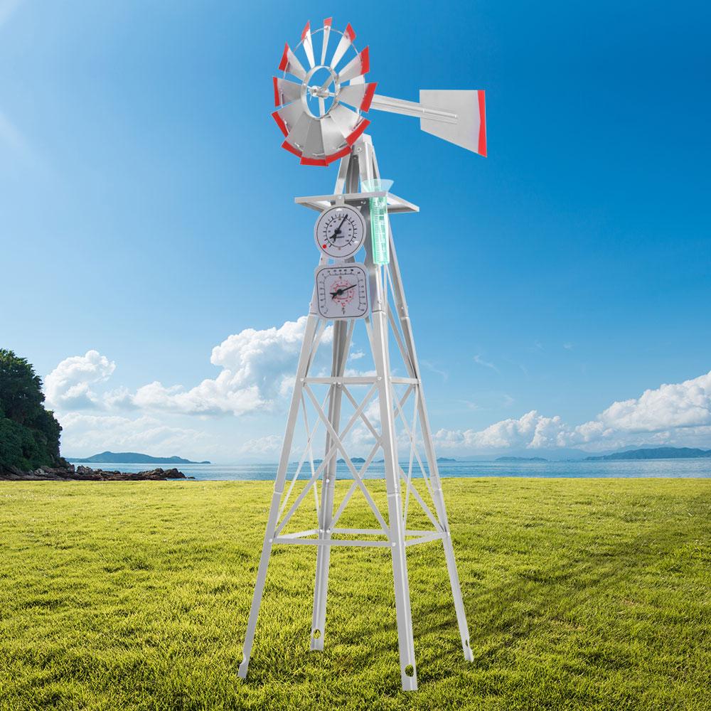 4FT Garden Windmill with grey and red trim, featuring 12 blades and a weathervane, set against a garden backdrop.
