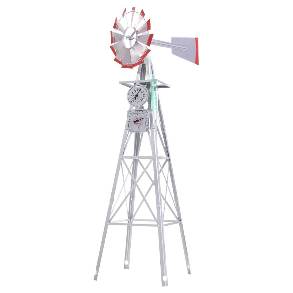 8FT Garden Windmill with grey blades and red trims, featuring a weathervane and sturdy metal frame, set against a garden backdrop.