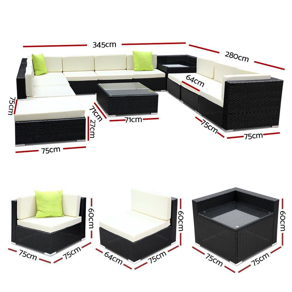 Gardeon 12PC Outdoor Furniture Sofa Set featuring black aluminium frame, beige cushions, and lime green throw pillows in a garden setting.