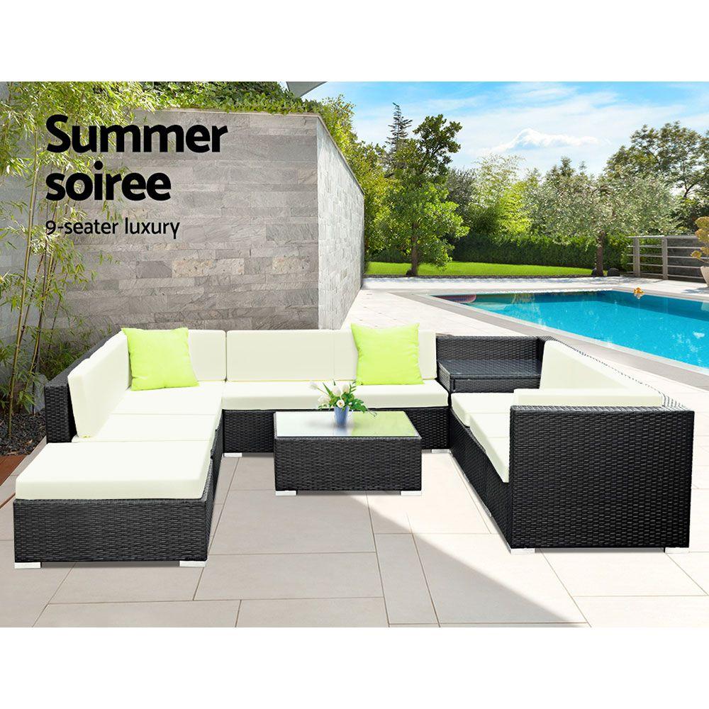 Gardeon 11PC Outdoor Furniture Set featuring wicker sofas, cushions, and a glass-top table, perfect for outdoor lounging.