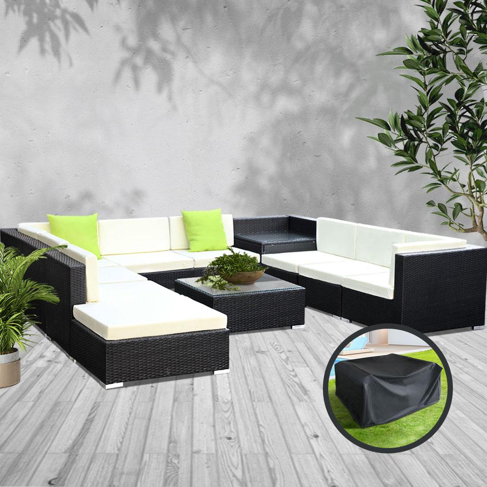 Gardeon 11PC Outdoor Furniture Set featuring wicker sofas, cushions, and a glass-top table, perfect for outdoor lounging.