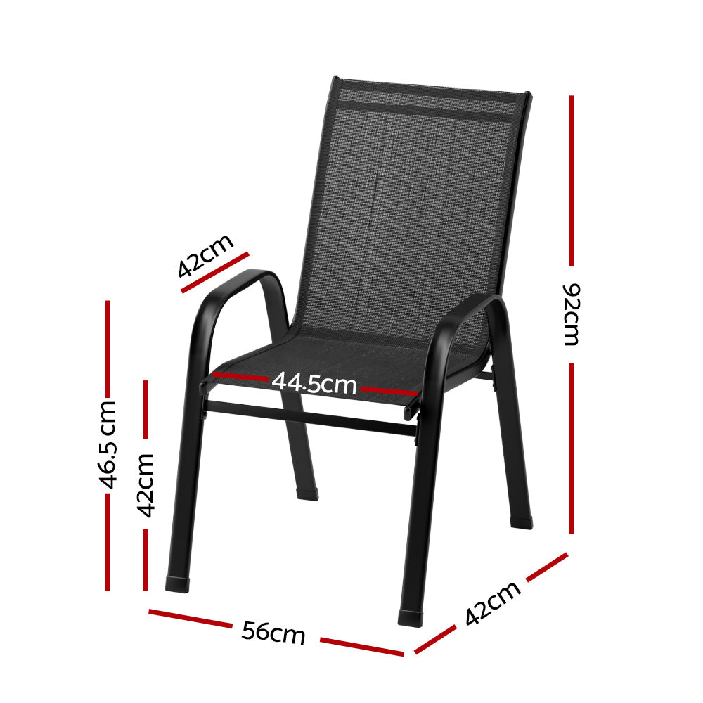 Gardeon 2X Outdoor Stackable Chairs in black, showcasing durable steel frame and premium textilene fabric, perfect for patio or bistro settings.