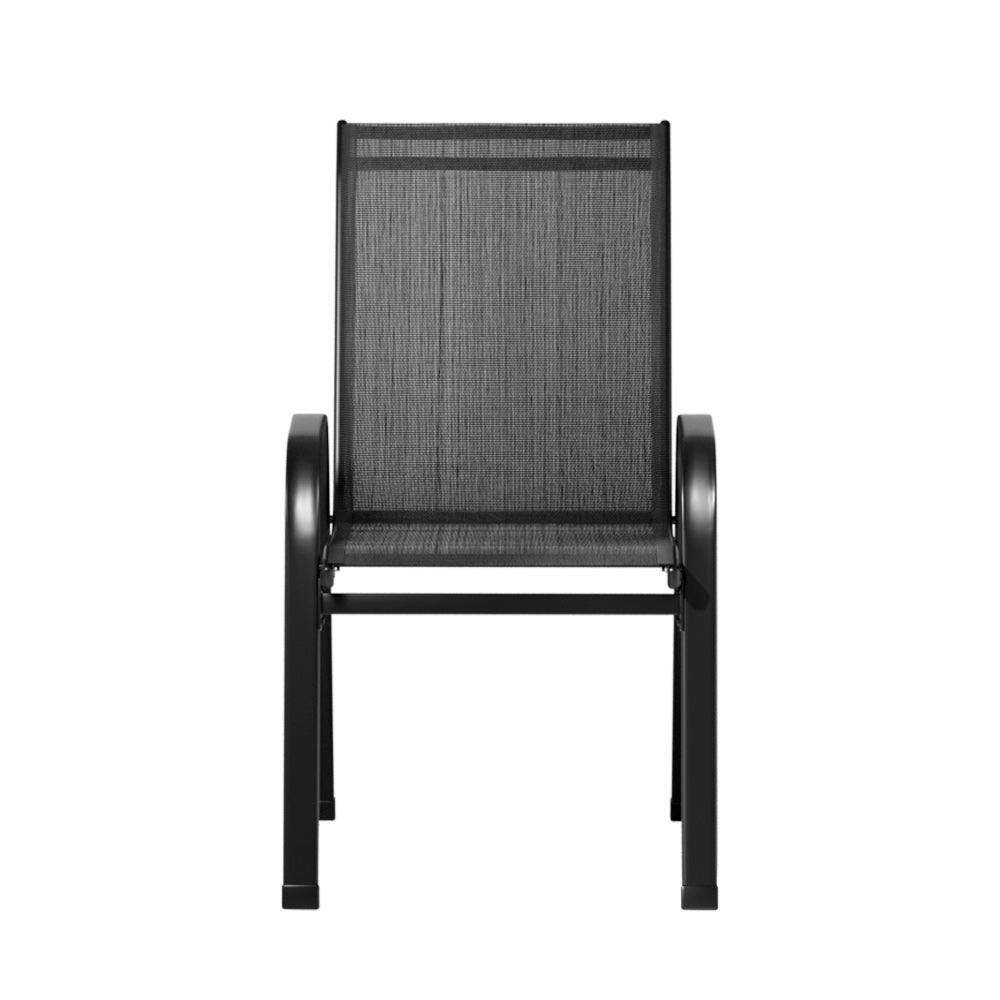 Gardeon 2X Outdoor Stackable Chairs in black, showcasing durable steel frame and premium textilene fabric, perfect for patio or bistro settings.