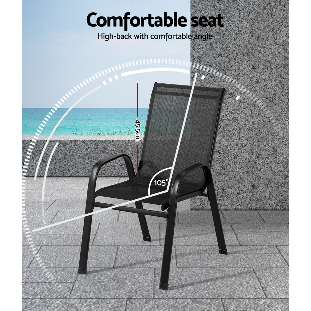 Gardeon 2X Outdoor Stackable Chairs in black, showcasing durable steel frame and premium textilene fabric, perfect for patio or bistro settings.
