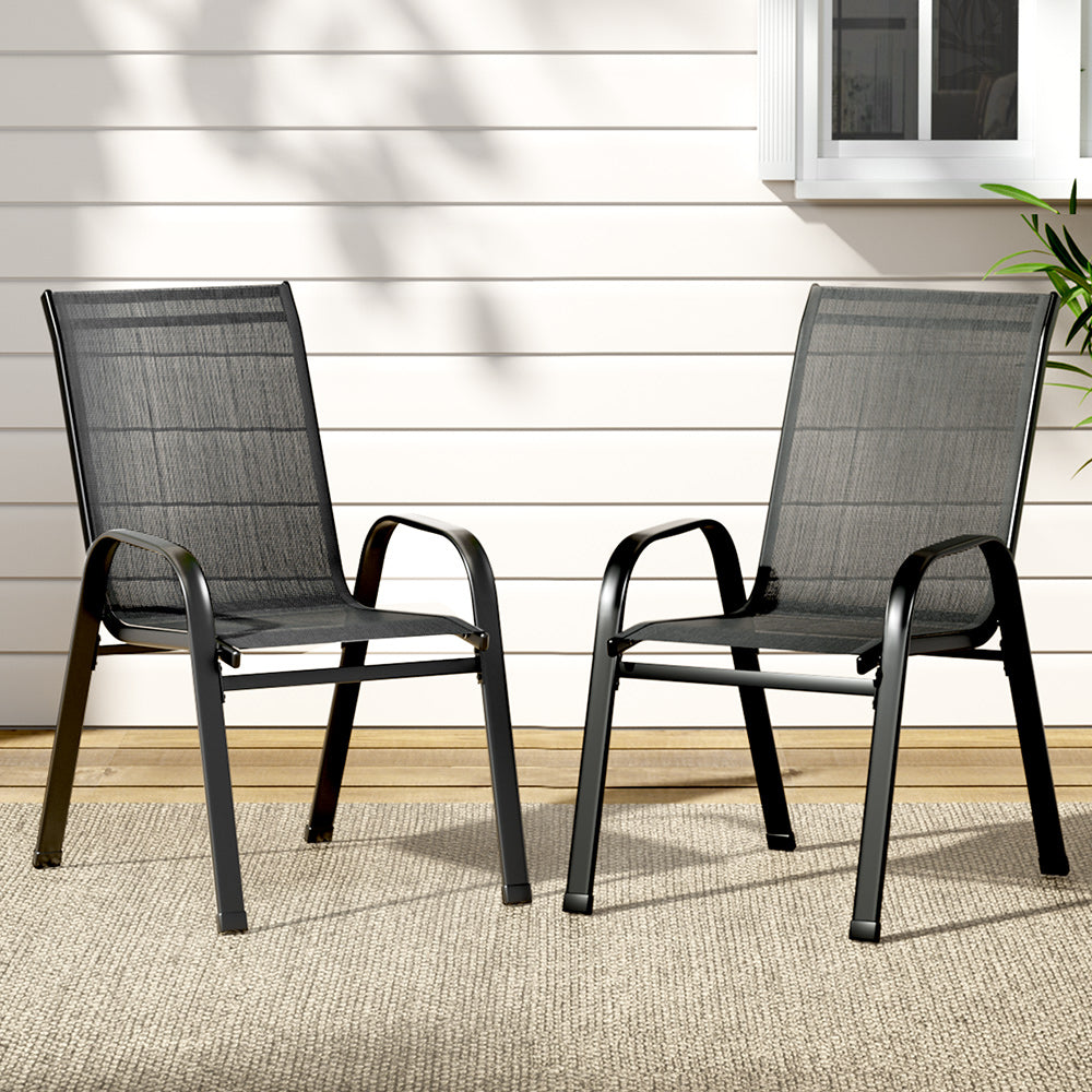 Gardeon 2X Outdoor Stackable Chairs in black, showcasing durable steel frame and premium textilene fabric, perfect for patio or bistro settings.