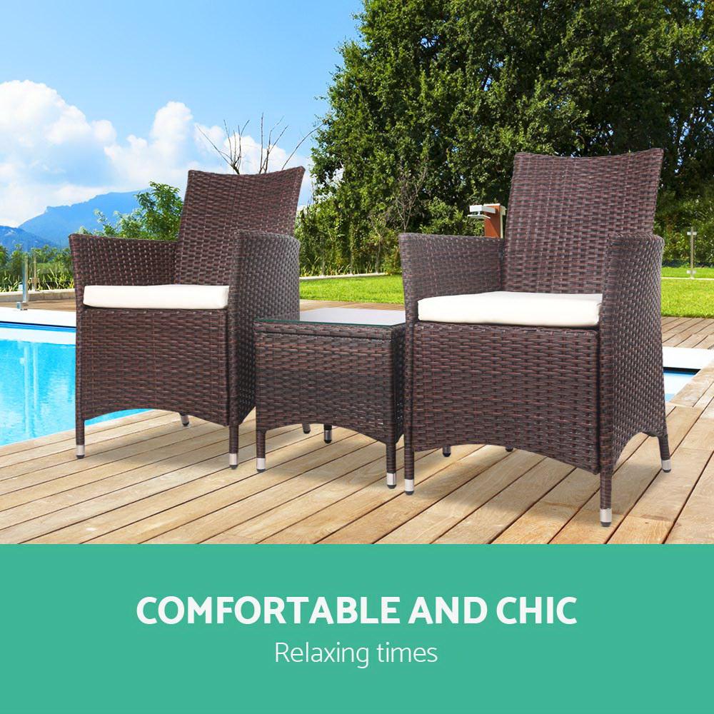 Gardeon 3 Piece Wicker Outdoor Furniture Set in Brown featuring two sofas and a glass top side table, perfect for outdoor relaxation.