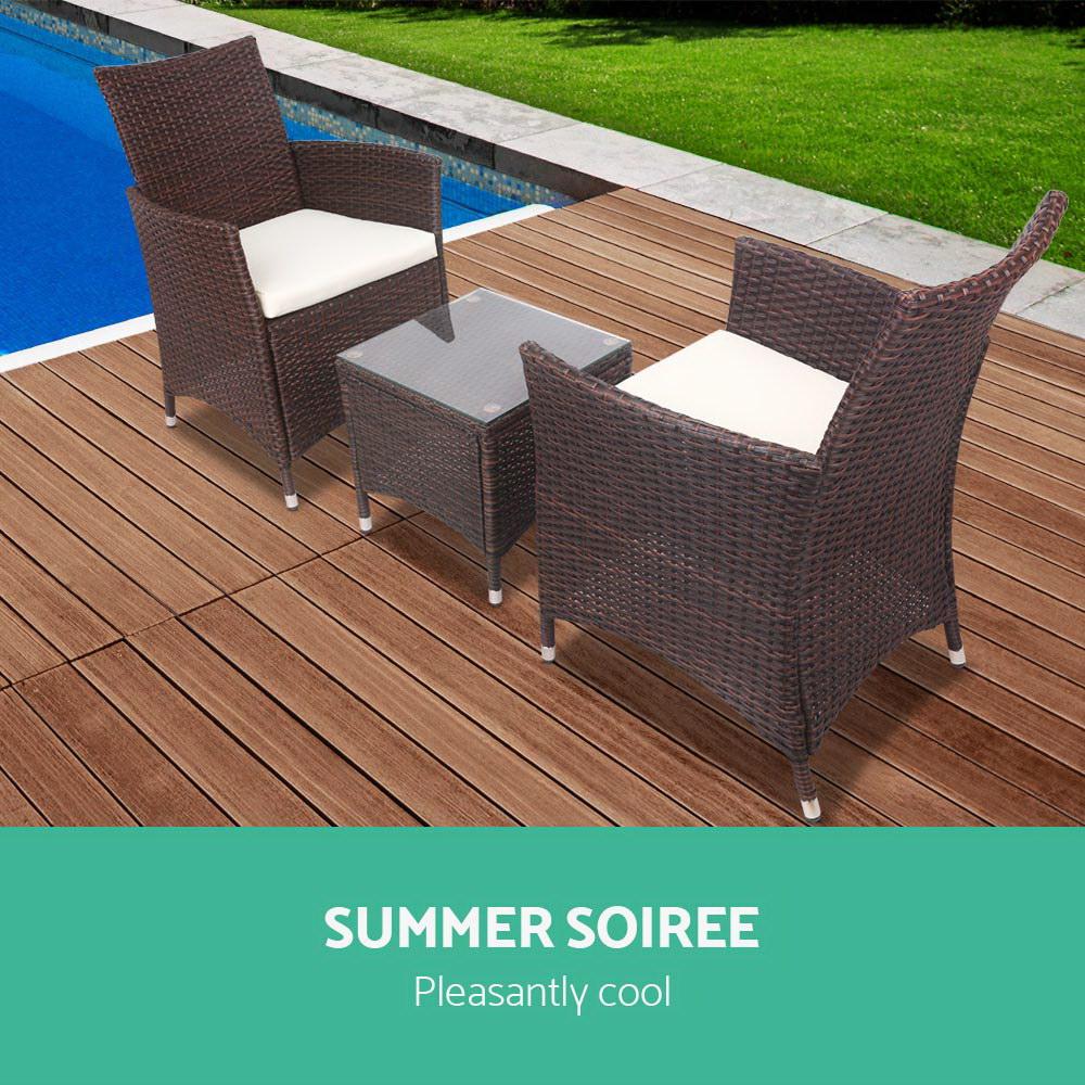 Gardeon 3 Piece Wicker Outdoor Furniture Set in Brown featuring two sofas and a glass top side table, perfect for outdoor relaxation.