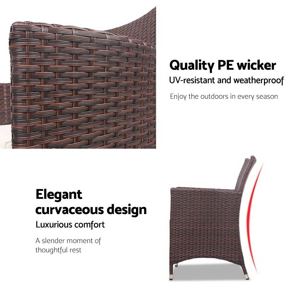 Gardeon 3 Piece Wicker Outdoor Furniture Set in Brown featuring two sofas and a glass top side table, perfect for outdoor relaxation.