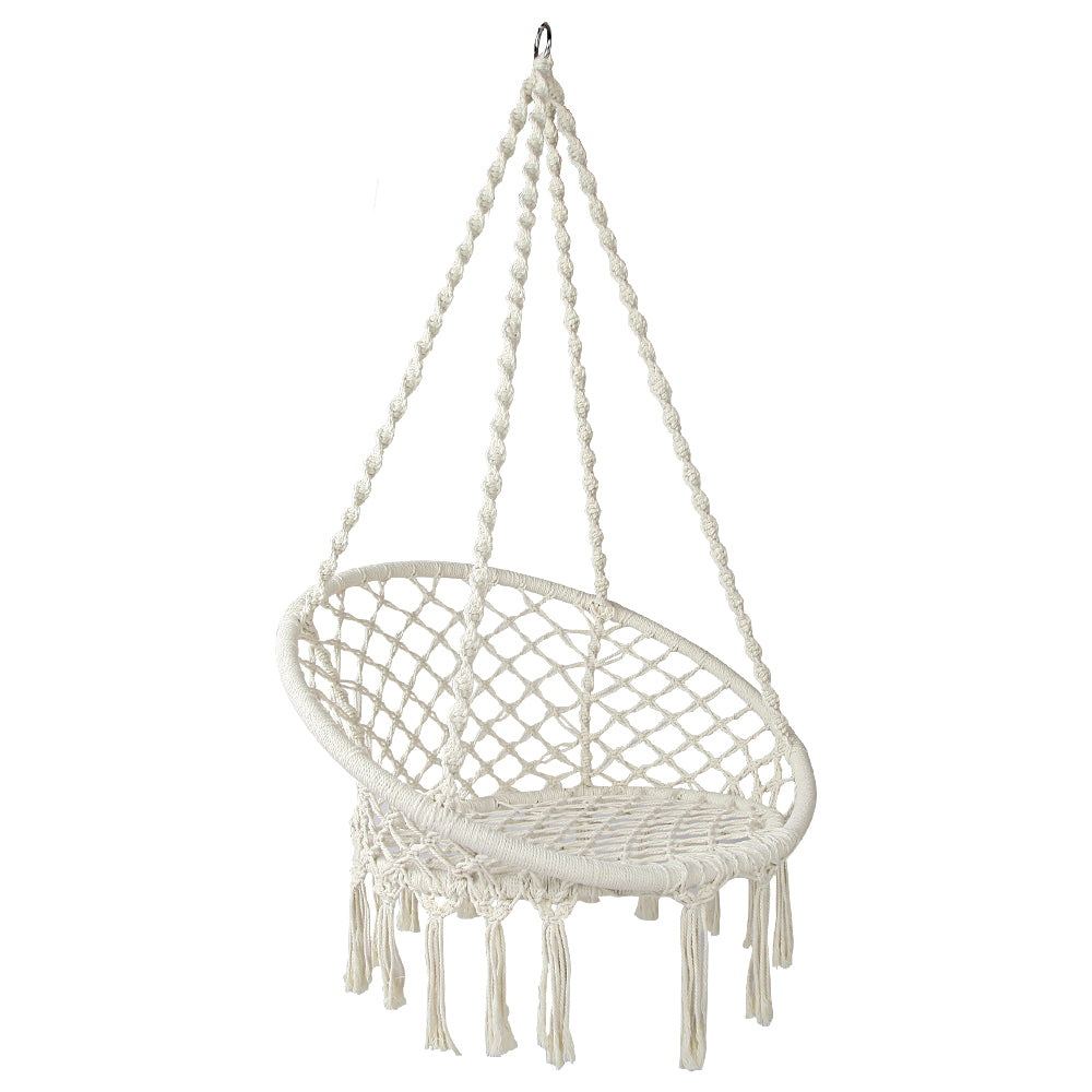 Gardeon Hammock Chair Swing Bed in cream color, featuring hand-made tassels and solid timber rail, perfect for indoor and outdoor relaxation.