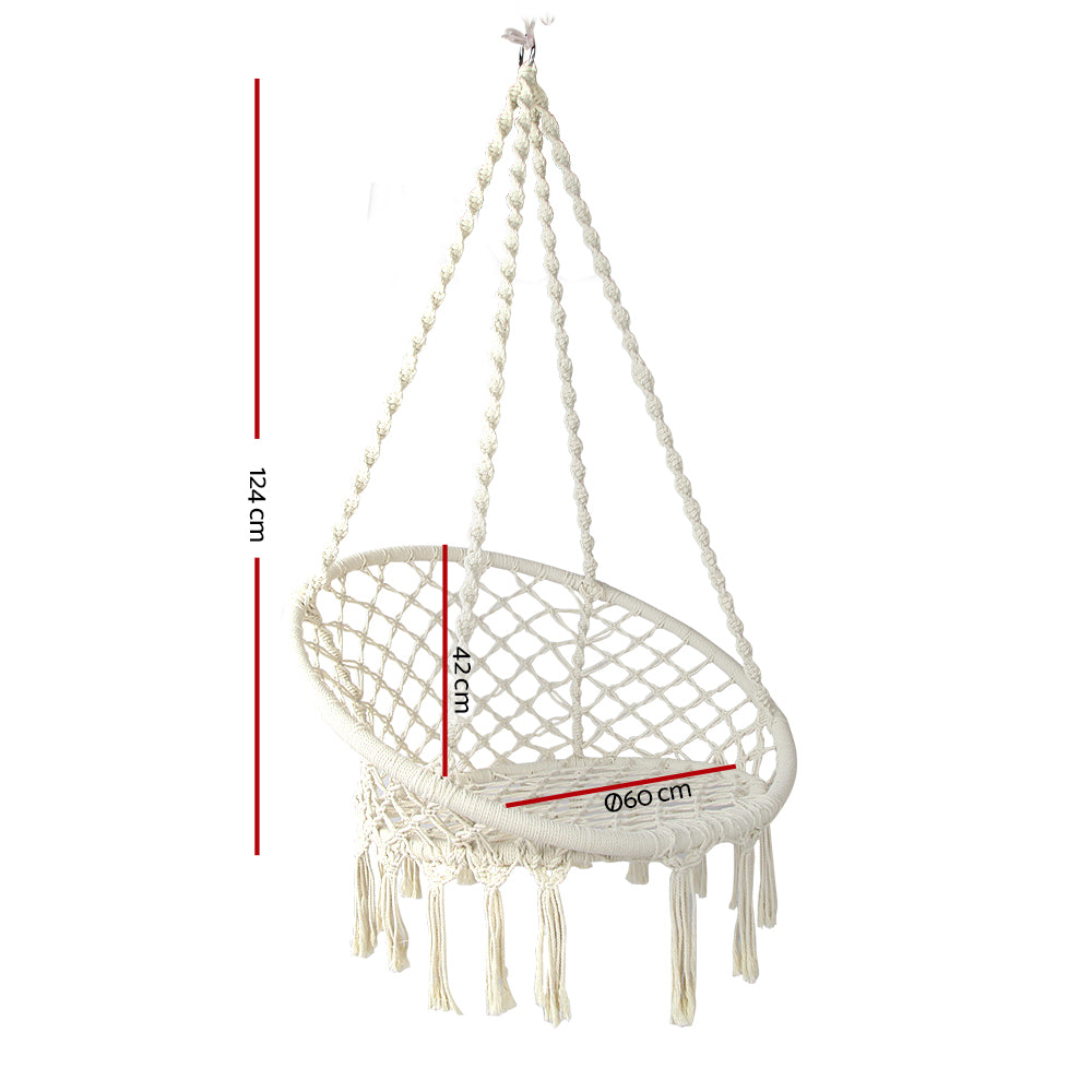 Gardeon Hammock Chair Swing Bed in cream color, featuring hand-made tassels and solid timber rail, perfect for indoor and outdoor relaxation.