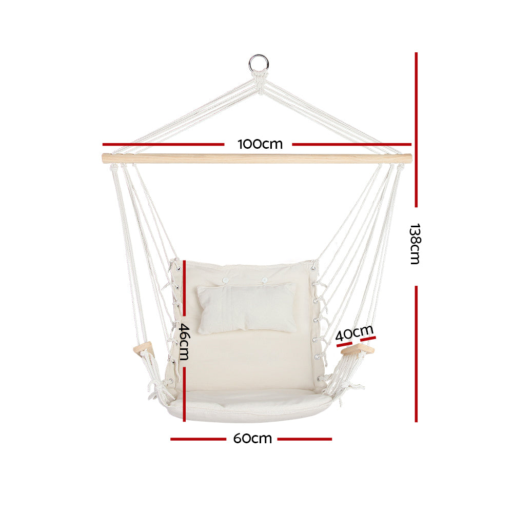 Gardeon Hammock Hanging Swing Chair in Cream with wooden armrests and removable pillow, perfect for indoor and outdoor relaxation.