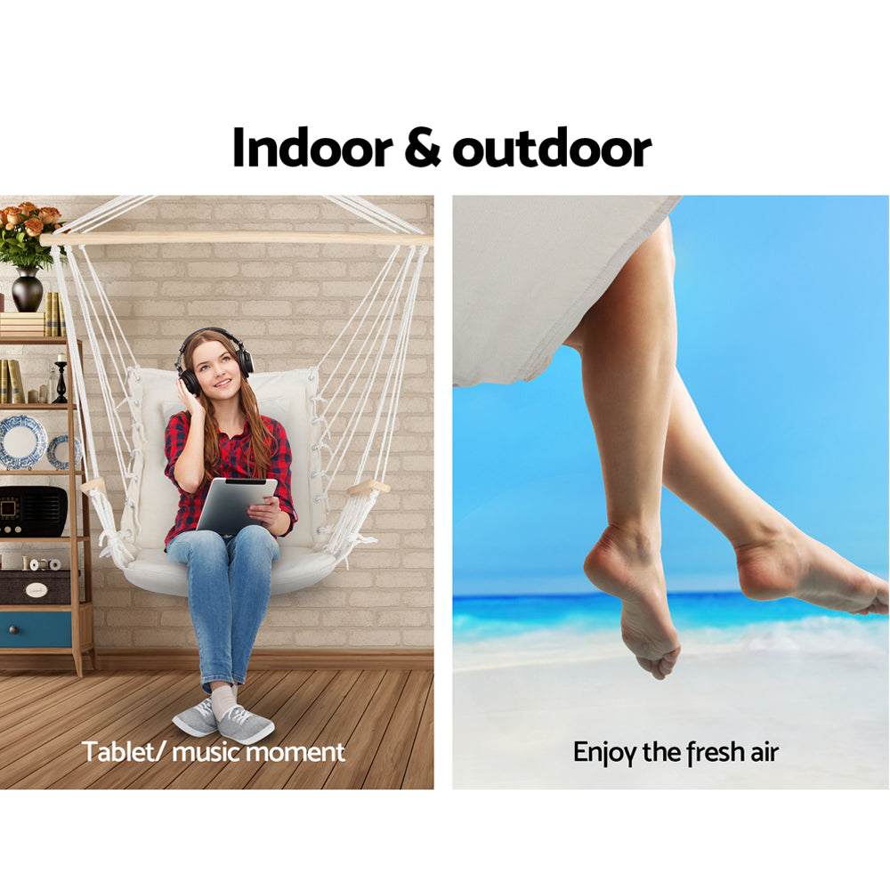 Gardeon Hammock Hanging Swing Chair in Cream with wooden armrests and removable pillow, perfect for indoor and outdoor relaxation.