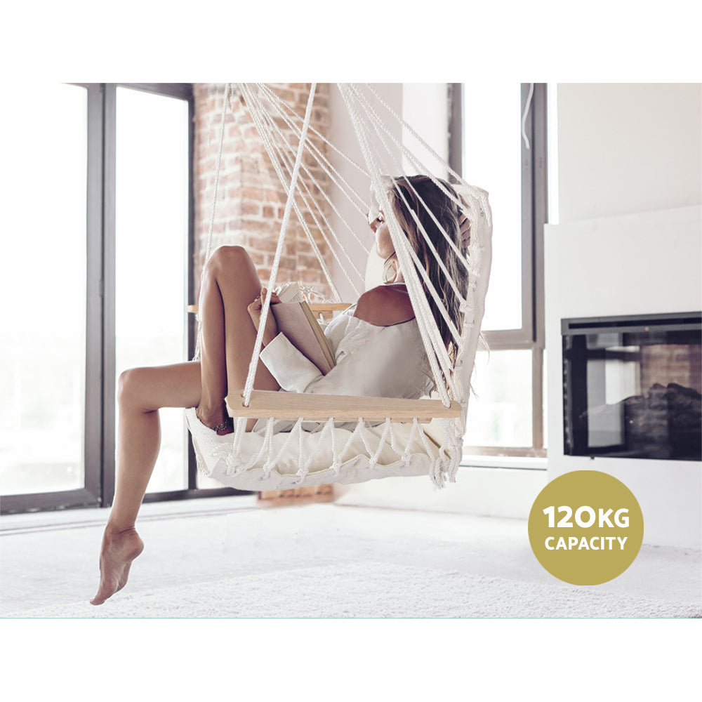 Gardeon Hammock Hanging Swing Chair in Cream with wooden armrests and removable pillow, perfect for indoor and outdoor relaxation.