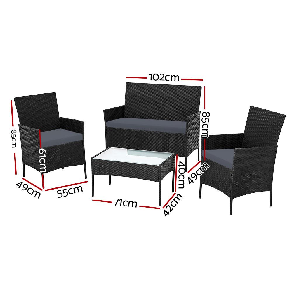 Gardeon Outdoor Furniture Lounge Setting featuring two armchairs, a two-seater sofa, and a matching table in a stylish black wicker design.