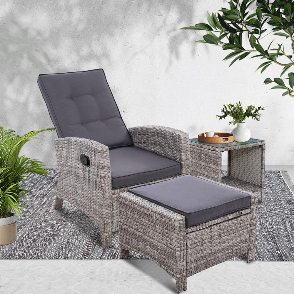 Gardeon Outdoor Wicker Recliner Chair Table Set featuring a stylish recliner, matching ottoman, and tempered glass table in a chic grey color.