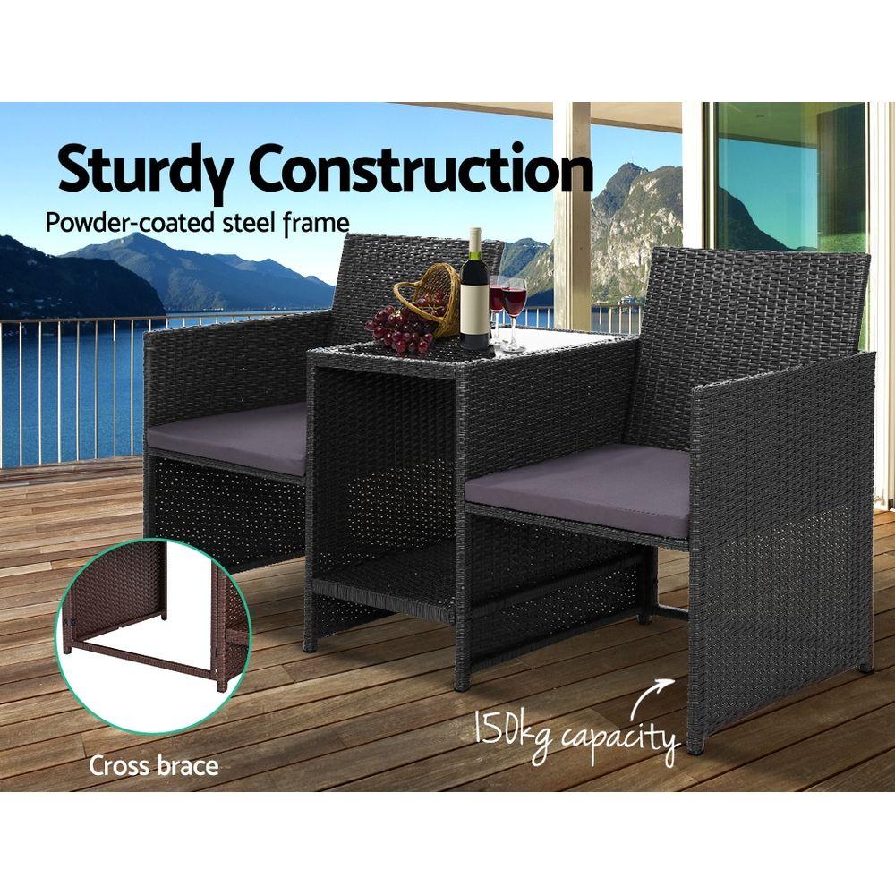 Gardeon Outdoor Setting Wicker Loveseat Bistro Set featuring two armchairs and a table, perfect for patio and garden use.