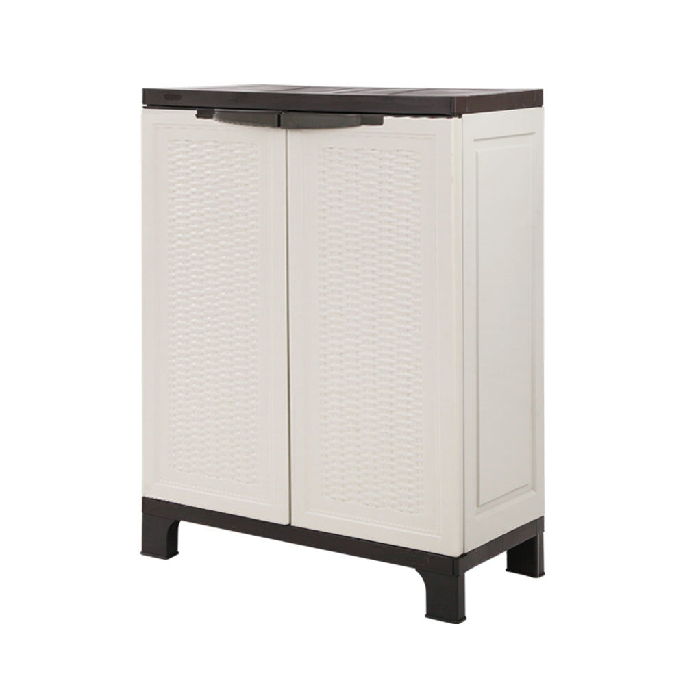 Gardeon Outdoor Storage Cabinet in neutral color, featuring lockable doors and adjustable shelves, ideal for garden tools and equipment.