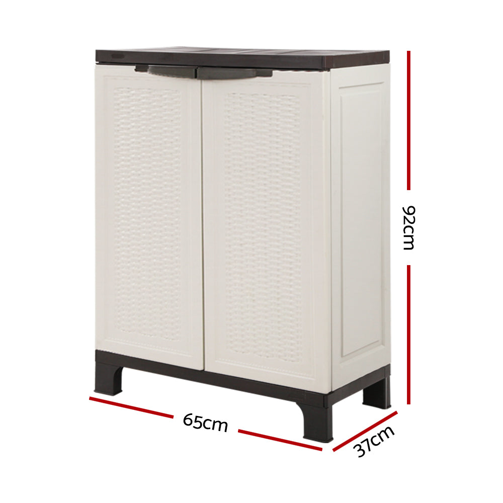 Gardeon Outdoor Storage Cabinet in neutral color, featuring lockable doors and adjustable shelves, ideal for garden tools and equipment.