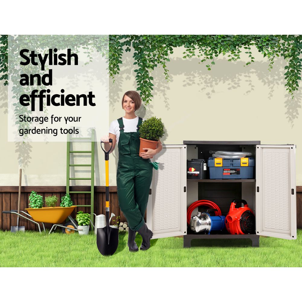 Gardeon Outdoor Storage Cabinet in neutral color, featuring lockable doors and adjustable shelves, ideal for garden tools and equipment.