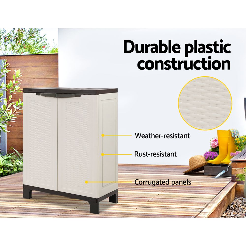 Gardeon Outdoor Storage Cabinet in neutral color, featuring lockable doors and adjustable shelves, ideal for garden tools and equipment.
