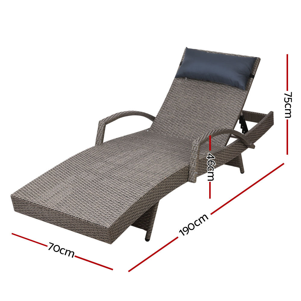 Gardeon Outdoor Sun Lounge Furniture Day Bed in brown wicker with grey pillow, perfect for garden or patio relaxation.