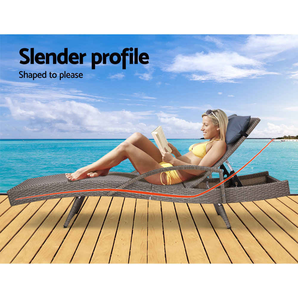 Gardeon Outdoor Sun Lounge Furniture Day Bed in brown wicker with grey pillow, perfect for garden or patio relaxation.