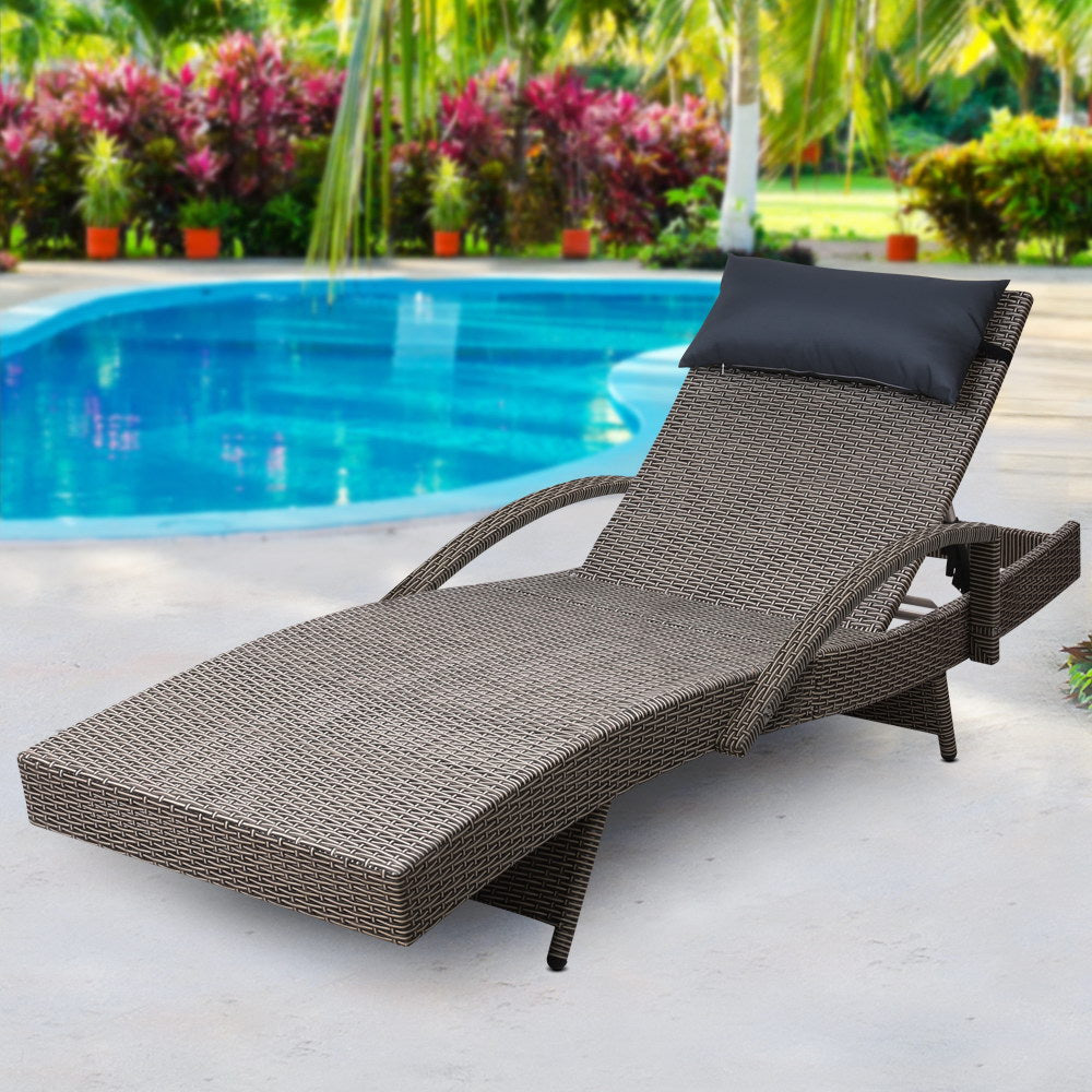 Gardeon Outdoor Sun Lounge Furniture Day Bed in brown wicker with grey pillow, perfect for garden or patio relaxation.