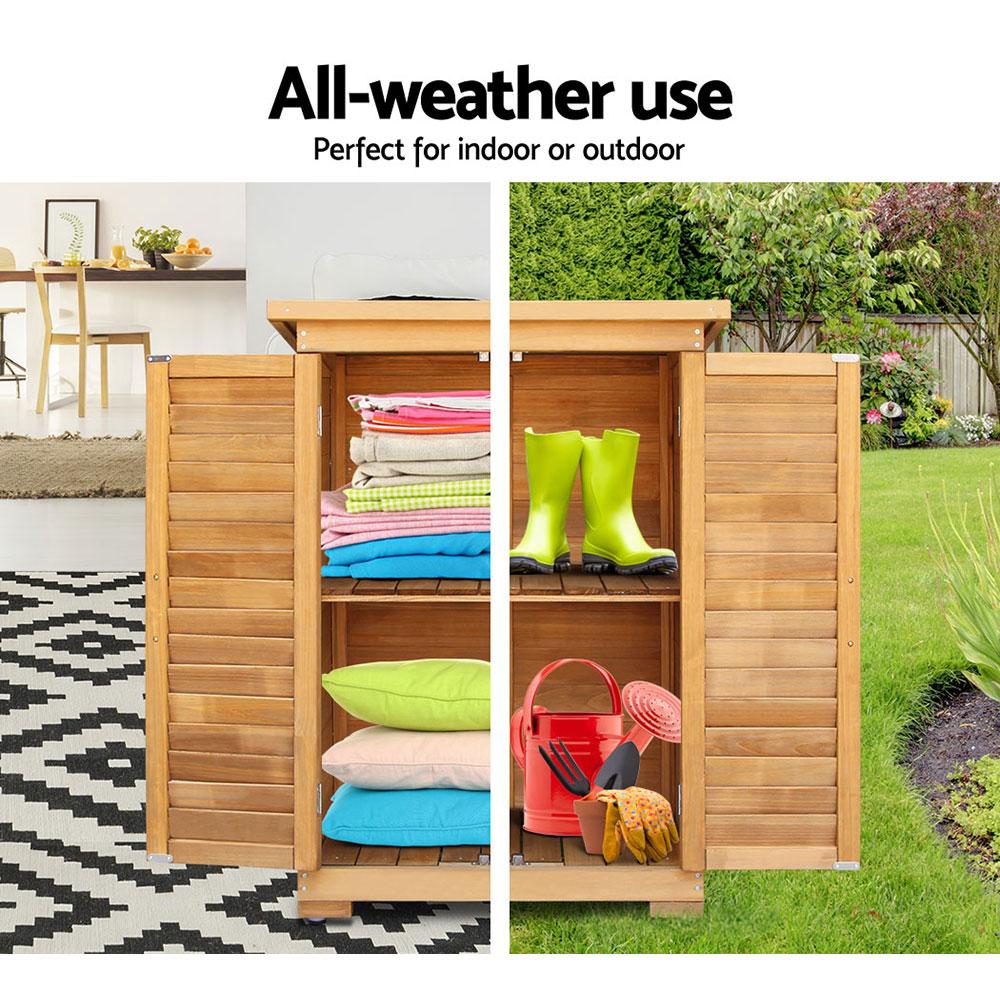 Gardeon Portable Wooden Garden Storage Cabinet with black asphalt roof and adjustable shelf, perfect for outdoor storage.