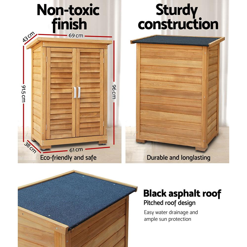 Gardeon Portable Wooden Garden Storage Cabinet with black asphalt roof and adjustable shelf, perfect for outdoor storage.