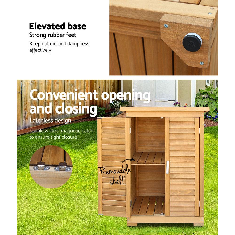 Gardeon Portable Wooden Garden Storage Cabinet with black asphalt roof and adjustable shelf, perfect for outdoor storage.