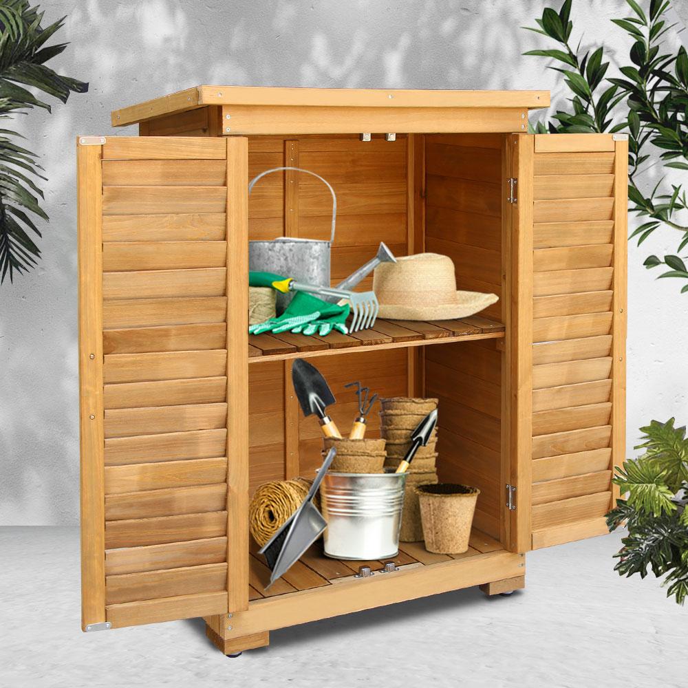 Gardeon Portable Wooden Garden Storage Cabinet with black asphalt roof and adjustable shelf, perfect for outdoor storage.