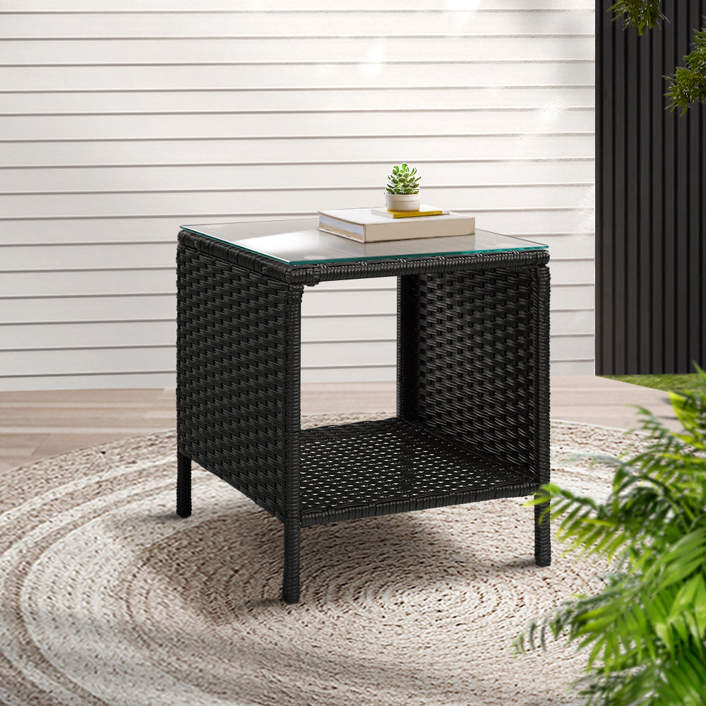 Gardeon Side Table featuring a stylish rattan weave and tempered glass top, perfect for outdoor and indoor use.