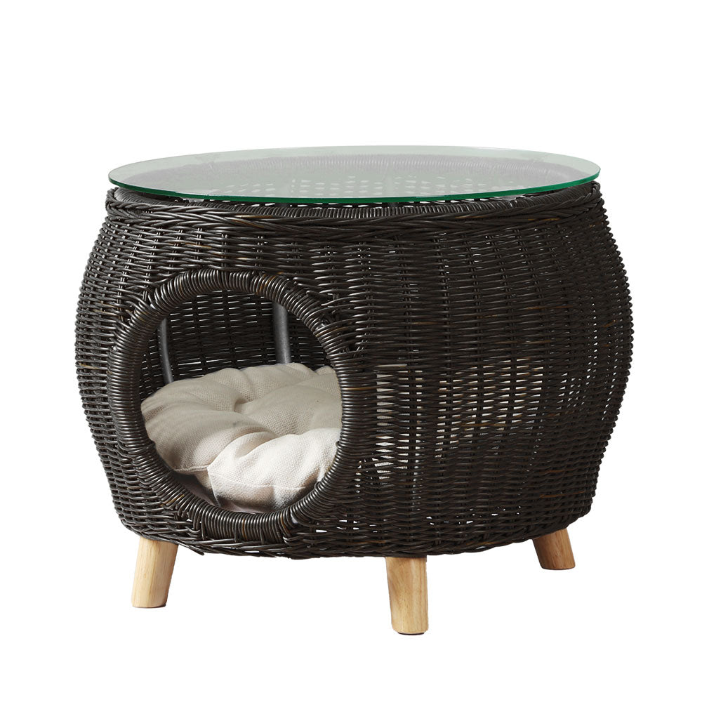 Gardeon Side Table Coffee Pet Bed featuring a black handwoven PE wicker design with a glass top, suitable for indoor and outdoor use.