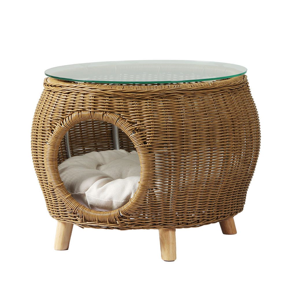 Gardeon Side Table Coffee Pet Bed featuring a stylish wicker design with a thick glass top, suitable for indoor and outdoor use.