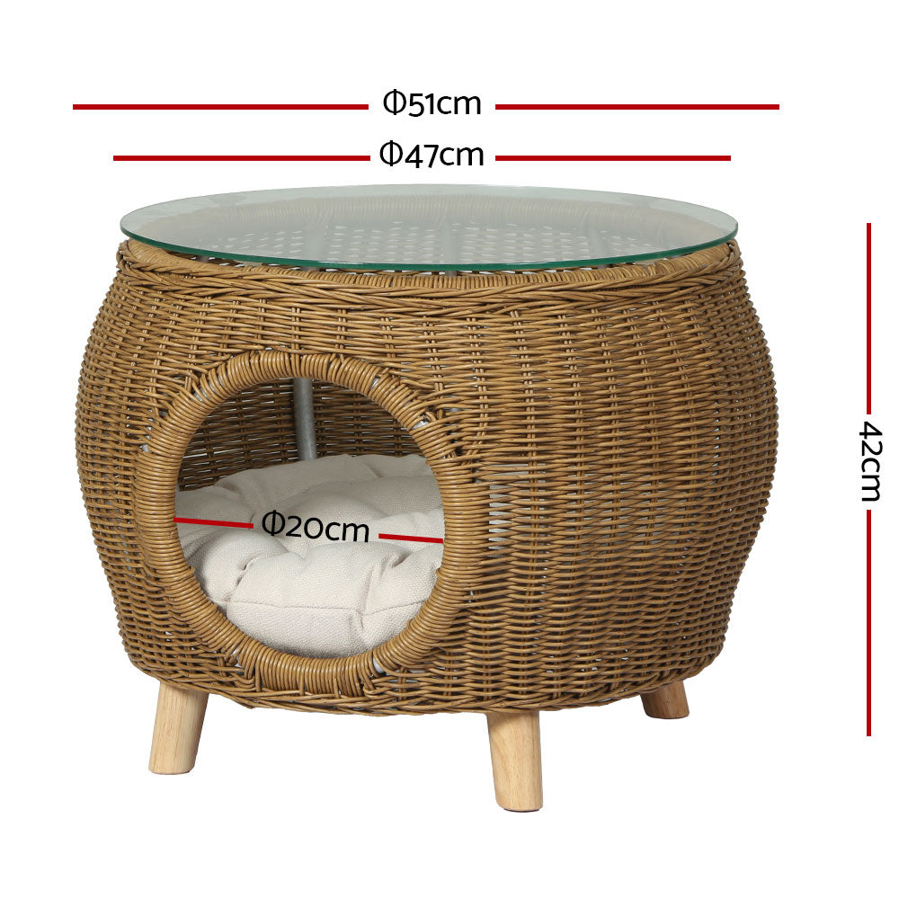 Gardeon Side Table Coffee Pet Bed featuring a stylish wicker design with a thick glass top, suitable for indoor and outdoor use.
