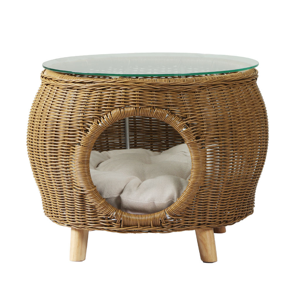Gardeon Side Table Coffee Pet Bed featuring a stylish wicker design with a thick glass top, suitable for indoor and outdoor use.