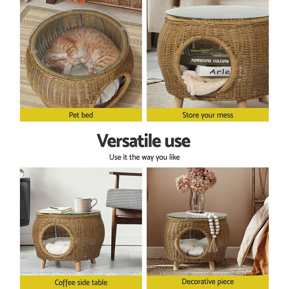 Gardeon Side Table Coffee Pet Bed featuring a stylish wicker design with a thick glass top, suitable for indoor and outdoor use.