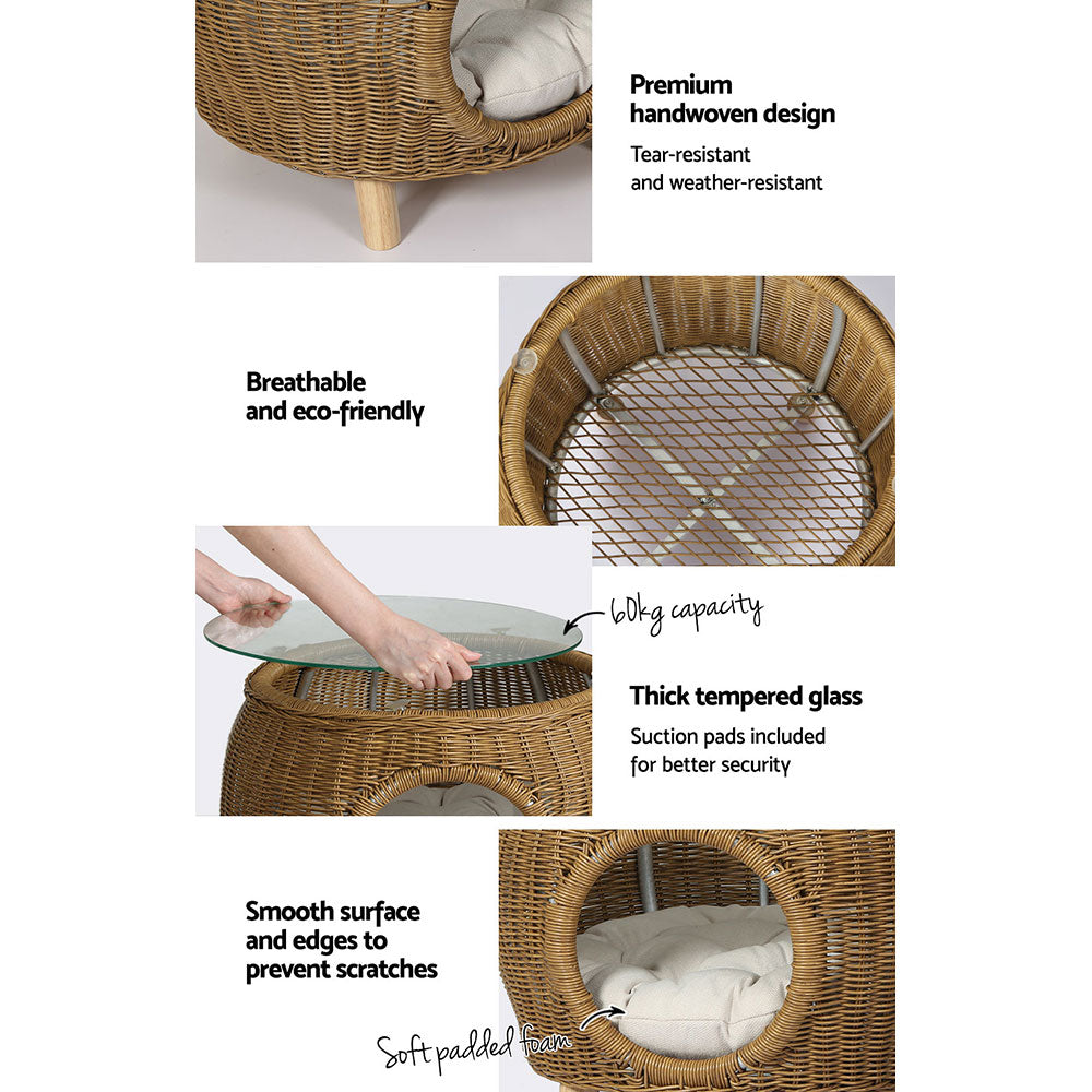 Gardeon Side Table Coffee Pet Bed featuring a stylish wicker design with a thick glass top, suitable for indoor and outdoor use.
