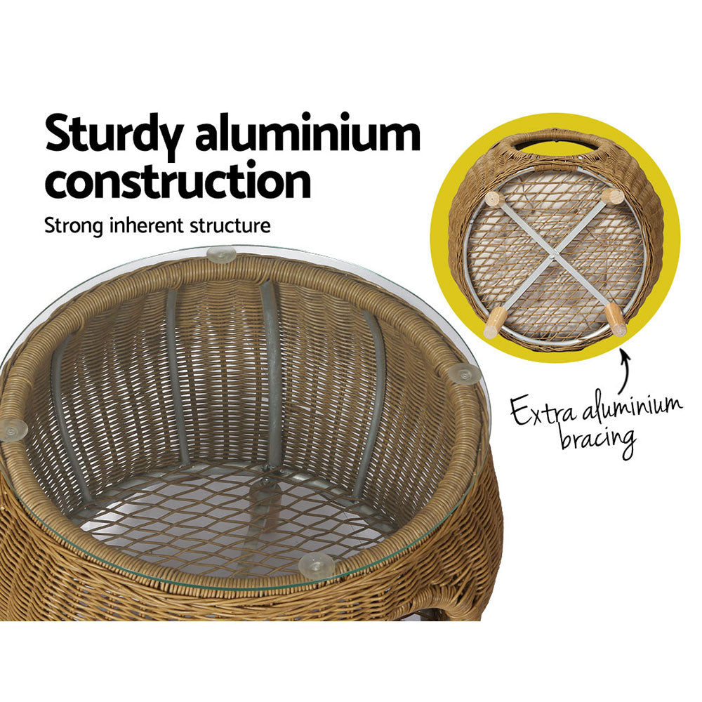Gardeon Side Table Coffee Pet Bed featuring a stylish wicker design with a thick glass top, suitable for indoor and outdoor use.