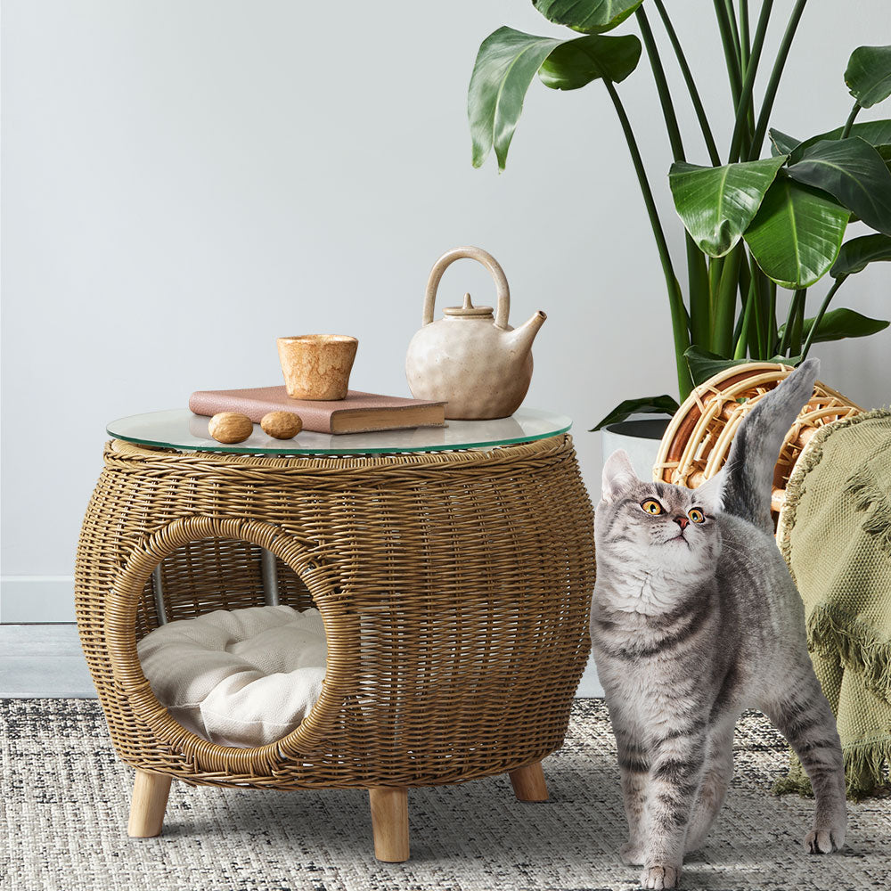 Gardeon Side Table Coffee Pet Bed featuring a stylish wicker design with a thick glass top, suitable for indoor and outdoor use.