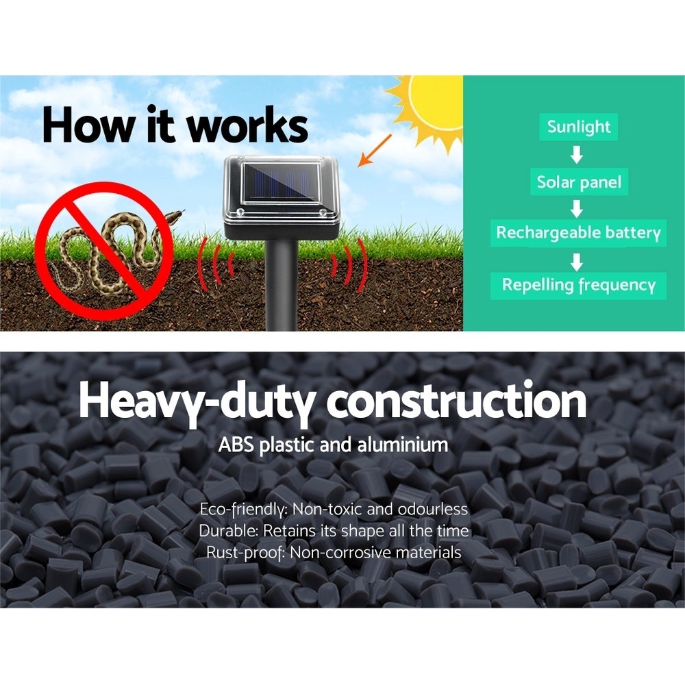 Gardeon Snake Repeller 12X set, featuring solar-powered units designed to deter snakes humanely in outdoor spaces.