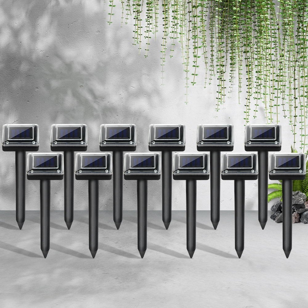 Gardeon Snake Repeller 12X set, featuring solar-powered units designed to deter snakes humanely in outdoor spaces.