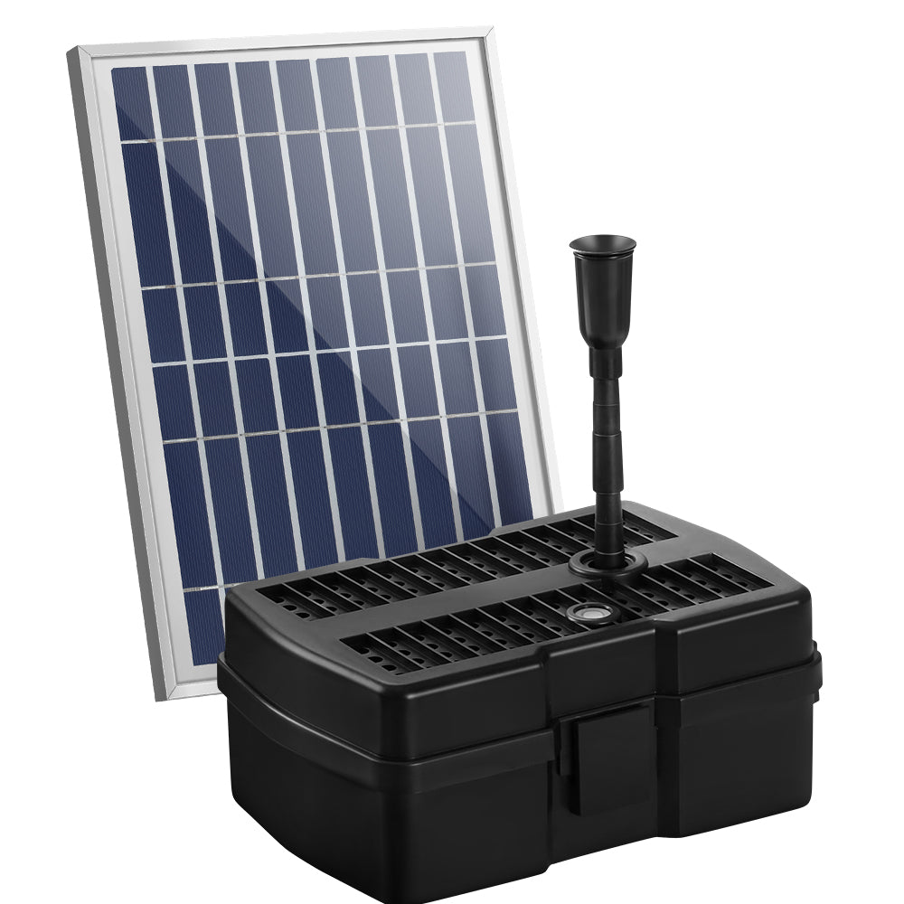 Gardeon Solar Pond Pump with Eco Filter Box, showcasing solar panel, water pump, and fountain spray in a garden setting.