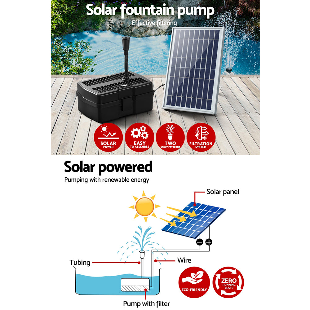 Gardeon Solar Pond Pump with Eco Filter Box, showcasing solar panel, water pump, and fountain spray in a garden setting.