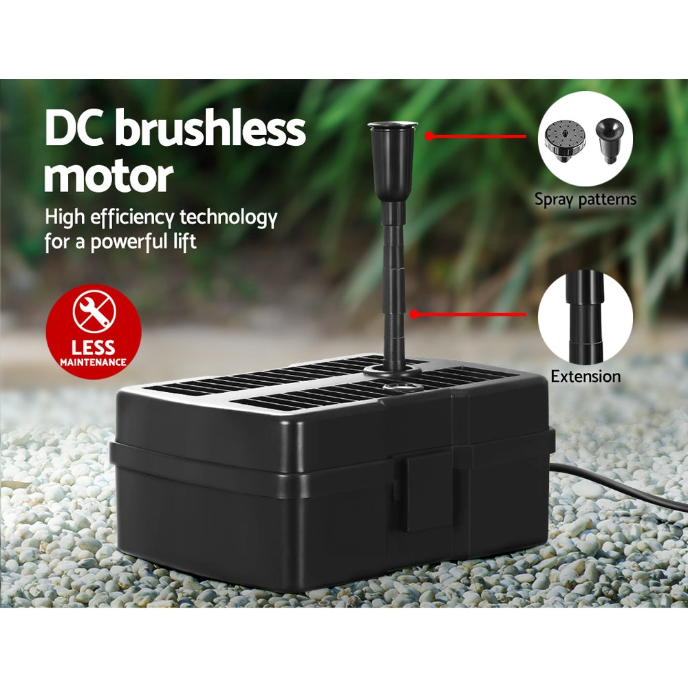 Gardeon Solar Pond Pump with Eco Filter Box, showcasing solar panel, water pump, and fountain spray in a garden setting.